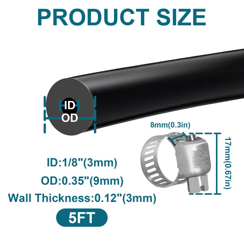 SDZONGES خرطوم مكنسة كهربائية للسيارات، 5FT ID 1/8 بوصة (3 مم) خرطوم مكنسة كهربائية، 130 رطل لكل بوصة مربعة أقصى ضغط من السيليكون (4 قطع مشابك متضمنة). - Image 2